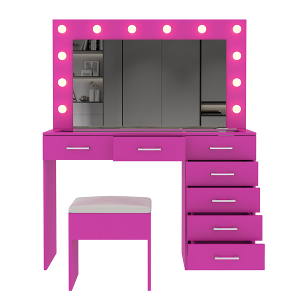 Vanity Desk Set with Large Lighted Mirror and Powre Outlet, Glass Top Makeup Vanity with 7 Drawers, Vanity Table with 12 LED Lights, 3 Lighting Color Adjustable, Pink