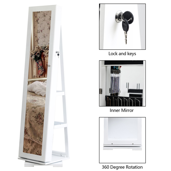 360 Degree Rotation Full-Body Mirror Cabinet PVC Film Moisture-Proof Dressing Mirror Cabinet Super Storage Jewelry Storage Mirror Cabinet White
