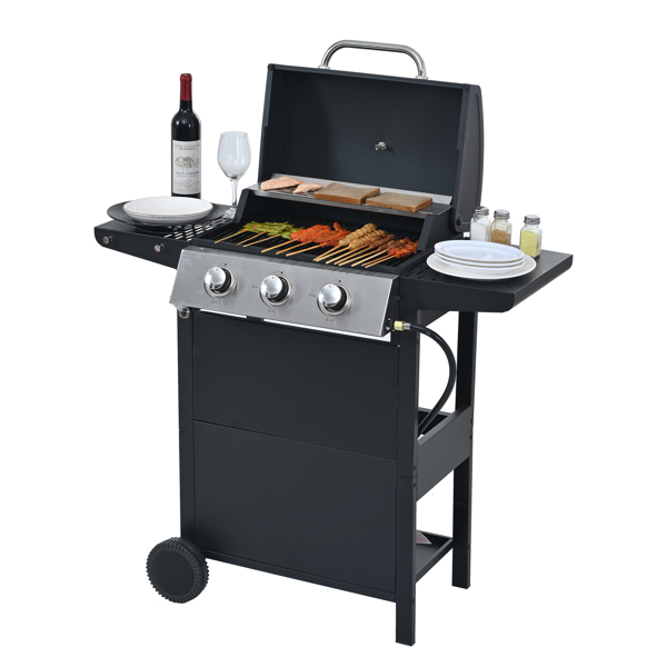 Propane Gas Grill 4 Burner Barbecue Grill, Stainless Steel 34,000 BTU Patio Garden Barbecue Grill with Two Shelves, Lid, Wheels and Bottle Opener