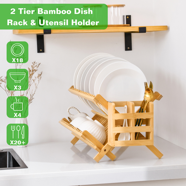 Collapsible 2-Tier Bamboo Dish Drying Rack – Foldable Wooden Dish Drainer with Utensil Holder, Space-Saving Dish Rack for Kitchen Countertop