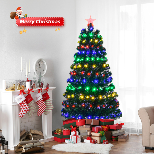 1.5m Pre-lit Christmas Tree, Artificial Fiber Optic Christmas Tree with Lighted Top Star, 180 LEDs and Branch Tips, Holiday Xmas Decoration Tree for Home Office Store Party, Green