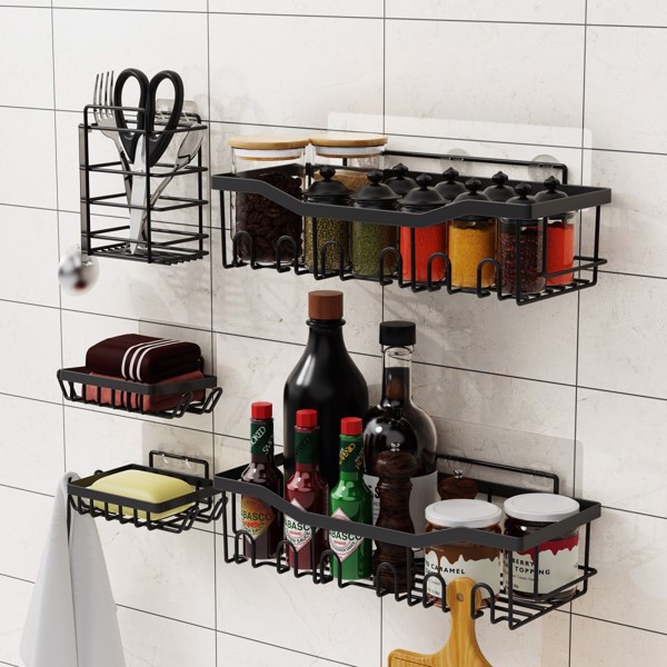 Black Shower Storage Shelf Bathroom Shower Shelves, Wall Shelves for Shower Storage, Rustproof Stainless Steel Drill-Free Shelves, Home Decor, 6 Piece Large Capacity Shower Hanging Shelves.