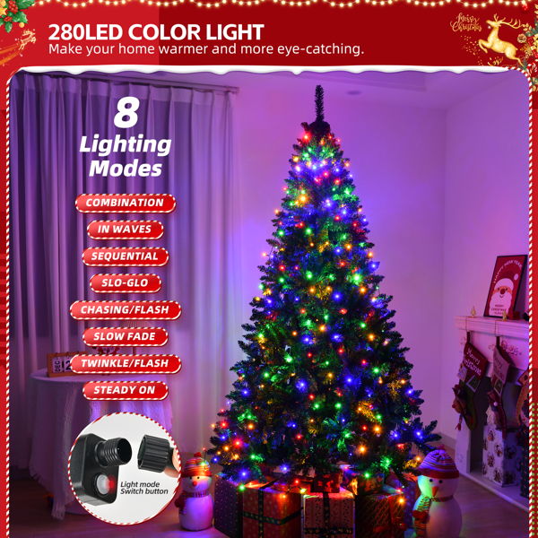 200cm Christmas Tree Lights with Ring, 280 LED Xmas String Lights with Warm White & Colorful Light, 11 Modes for Christmas Party Decorations