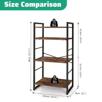 Small Bookshelf 4-Tier Bookcase, Metal Bookshelf for Study, Bedroom, Living Room and Kitchen, Height Adjustable (Brown)