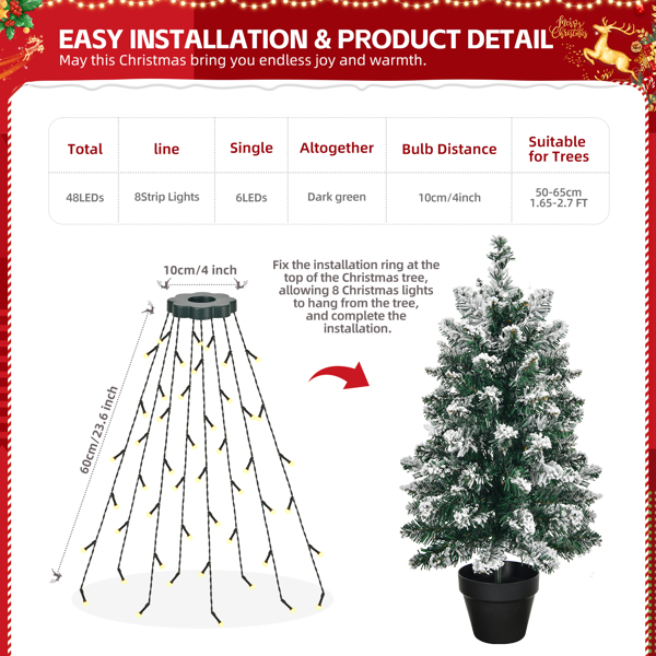 60cm Christmas Tree Lights with Ring, 48 LED Xmas String Lights with Warm Light and 8 Modes and Remote Control for Christmas Party Decorations