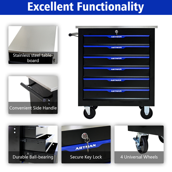 6 DRAWERS MULTIFUNCTIONAL TOOL CART WITH WHEELS-BLACK+BLUE