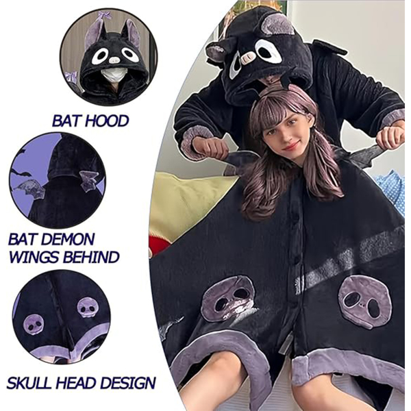 Cute Halloween Wearable Blanket Hoodie Free Size for Adults Devil Bat Hooded Blanket Oversized Soft Sherpa Hoodie Women Throw Cloak Wrap with Demon Wings for Men Child Student