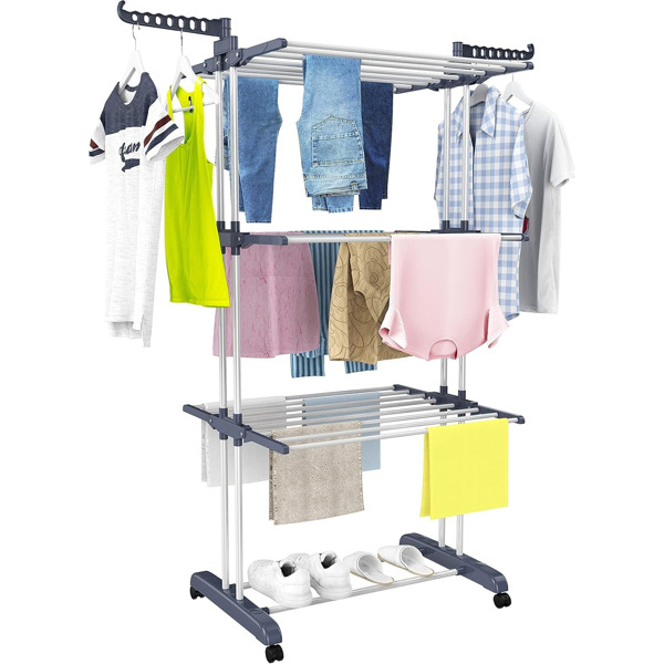 Clothes Drying Rack, Oversized 4-Tier(67.7" High) Foldable Stainless Steel Drying Rack Clothing, Movable Drying Rack with 4 castors, 24 Drying Poles and 14 Hooks for Bed Linen, Clothing, Grey