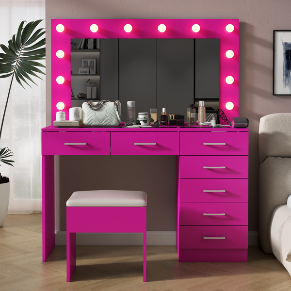 Vanity Desk Set with Large Lighted Mirror and Powre Outlet, Glass Top Makeup Vanity with 7 Drawers, Vanity Table with 12 LED Lights, 3 Lighting Color Adjustable, Pink