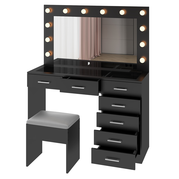 Vanity Desk Set with Large Lighted Mirror and Powre Outlet, Glass Top Makeup Vanity with 7 Drawers, Vanity Table with 12 LED Lights, 3 Lighting Color Adjustable, Black