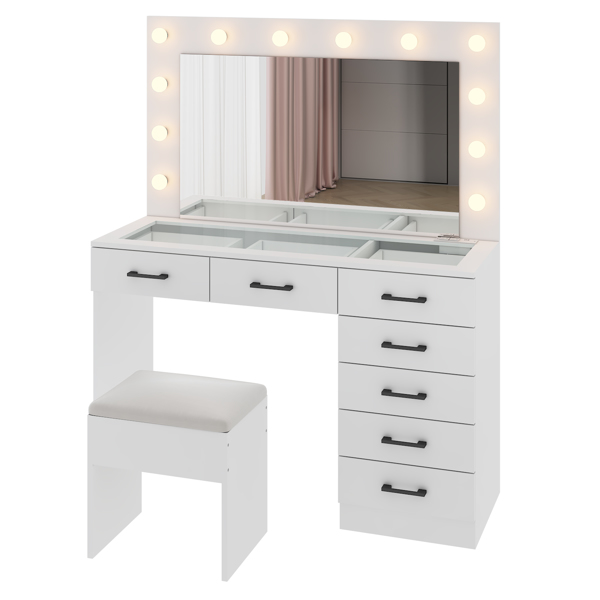 Vanity Desk Set with Large Lighted Mirror and Powre Outlet, Glass Top Makeup Vanity with 7 Drawers, Vanity Table with 12 LED Lights, 3 Lighting Color Adjustable, White