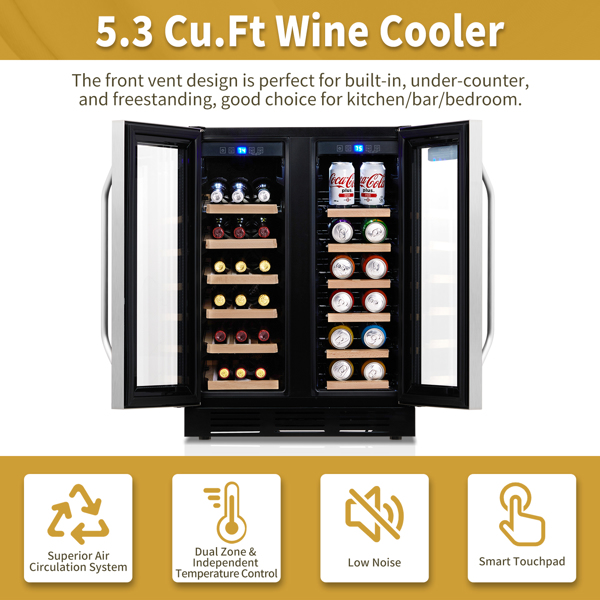 ZOKOP Dual Zone Wine and Beverage Refrigerator, 34 Bottle Wine Fridge with Independent Temperature Control & Glass Door, Built-in/Freestanding/Under Counter Wine Cooler Chiller for Wine Champagne Beer