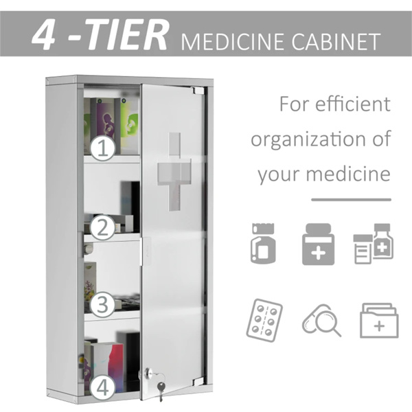 Lockable bathroom cabinet, 4-layer stainless steel medical wall box