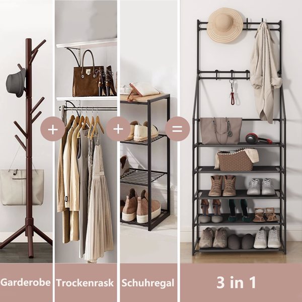 5-layer shoe rack, suitable for entrances, narrow shoe racks, jackets, and shoe racks, with 8 hooks