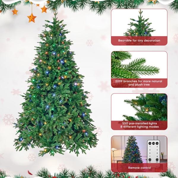 7.5ft Pre-Lit Spruce Artificial Holiday Christmas Tree for Home, Office, Party Decoration, Equipped with LED Lights, Easy Assembly, Fireproof PE+ PVC, Christmas, Living Room