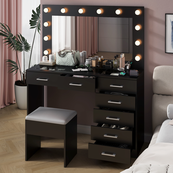 Vanity Desk Set with Large Lighted Mirror and Powre Outlet, Glass Top Makeup Vanity with 7 Drawers, Vanity Table with 12 LED Lights, 3 Lighting Color Adjustable, Black