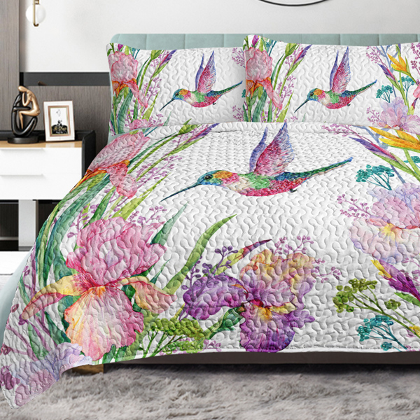 Colorful Bird Flower Design Quilt Set 3 Pieces King Size Soft Warm Bedding Set Include 1 Quilt And 2 Pillowcases for Home Bedroom Decor