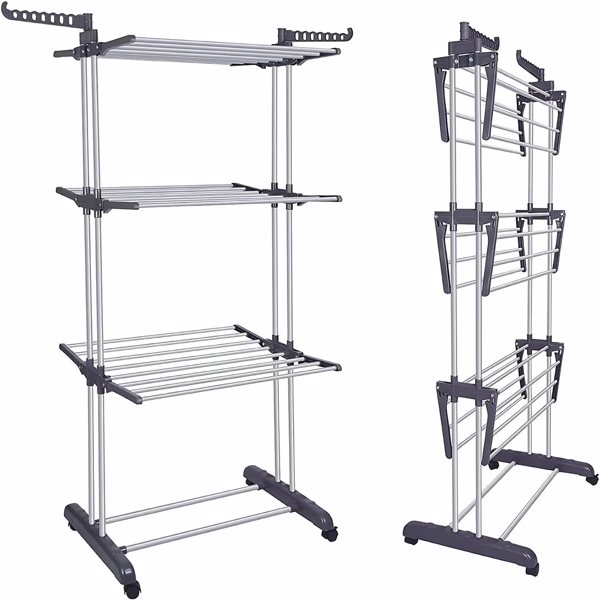 Clothes Drying Rack, Oversized 4-Tier(67.7" High) Foldable Stainless Steel Drying Rack Clothing, Movable Drying Rack with 4 castors, 24 Drying Poles and 14 Hooks for Bed Linen, Clothing, Grey