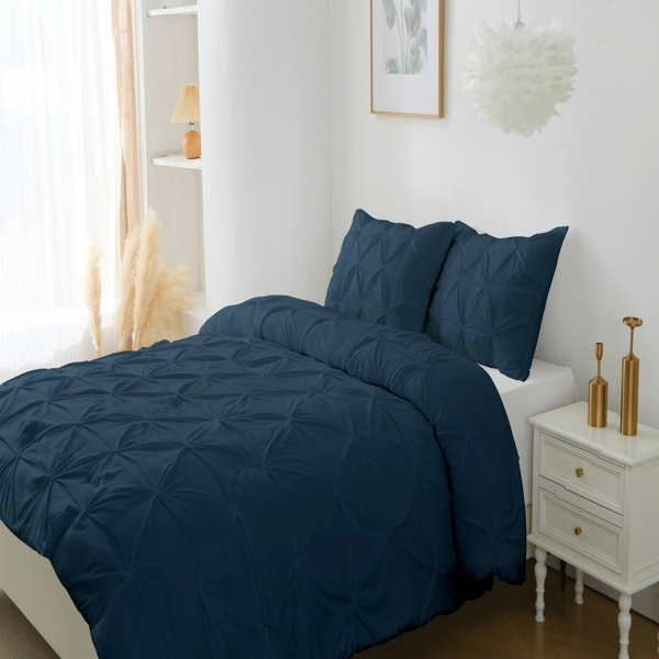 Queen Comforter Set, 3 Pieces Pintuck Bedding Set with 1 Down Alternative Comforter and 2 Pillow Shams, Navy