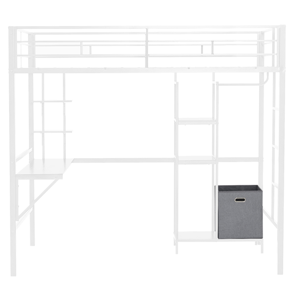 Twin Size Metal Loft Bed with Desk and Storage Shelves, Full-length Guardrails, Loft Bed Frame for Teens Juniors Adults, Noise Free, No Box Spring Needed, White