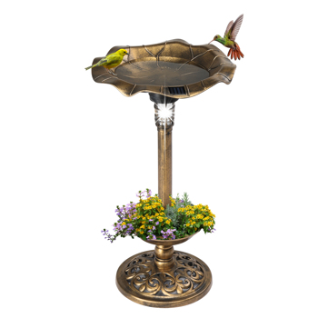 Outdoor Solar Lighted Pedestal Bird Bath Fountain Decoration with Planter and Feeder, Decorative Vintage Bird Baths for Garden Yard, Bronze