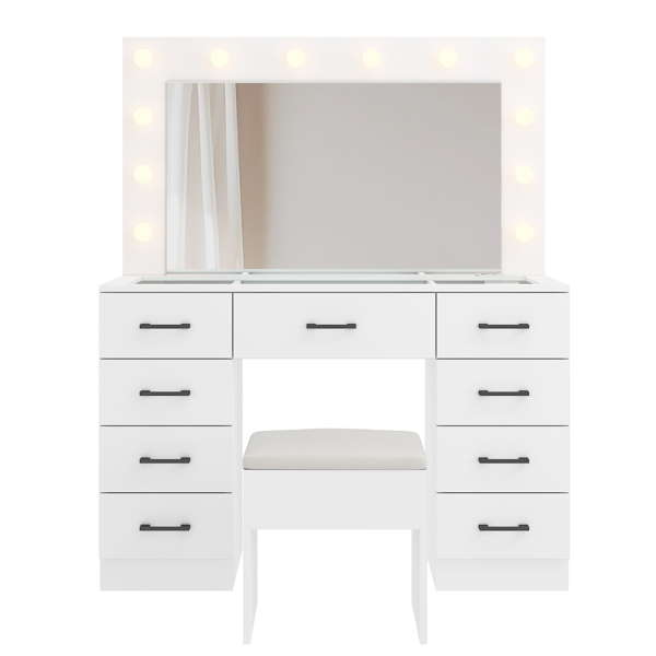 Vanity Desk Set with Large Lighted Mirror and Powre Outlet, Glass Top Makeup Vanity with 9 Drawers, Vanity Table with 12 LED Lights, 3 Lighting Color Adjustable, White