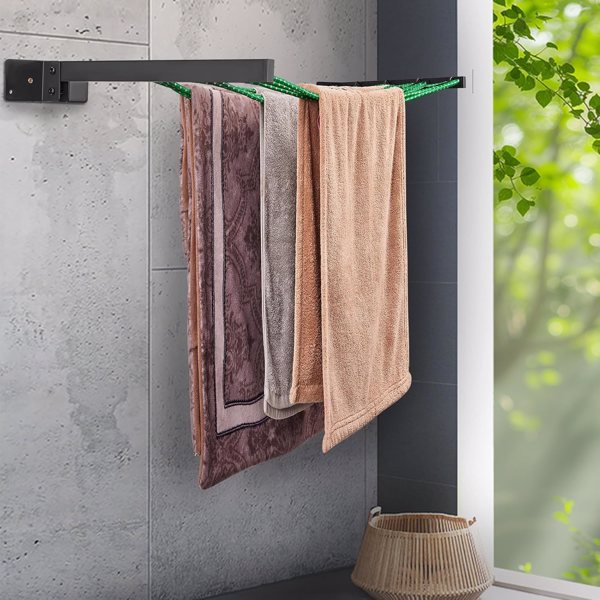 Wall mounted space saving 360 ° folding clothes hanger, foldable clothesline, suitable for heavy clothing and blankets, modern elegant black, suitable for balconies, bathrooms, outdoor drying