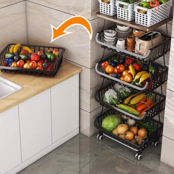 6 Tier Fruit Vegetable Basket For Kitchen With Wooden Tabletop, Storage Cart Vegetable Basket Bins For Onions And PotatoesWire Storage Basket Organizer Utility Cart With Wheels. Black