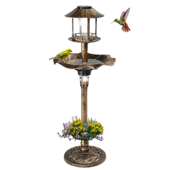 Outdoor Solar Lighted Pedestal Bird Bath Resin Fountain Decoration with Planter and Feeder, Decorative Vintage Bird Feeder for Garden Yard, Bronze