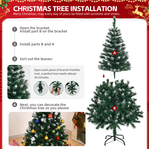 5 FT Artificial Snow Tipped Christmas Tree, Unlit Christmas Pine Tree with 480 Branch Tips and Sturdy Metal Stand for Office Home Store Party Holiday Decor, Green & Snow Tipped