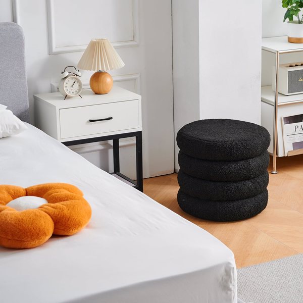 Round Storage Ottoman, Modern Sherpa Footstool, Teddy Vanity Stool with Flip-Top Tray, Makeup Chair for Home Decor, Upholstered Footrest for Living Room & Bedroom (Black)