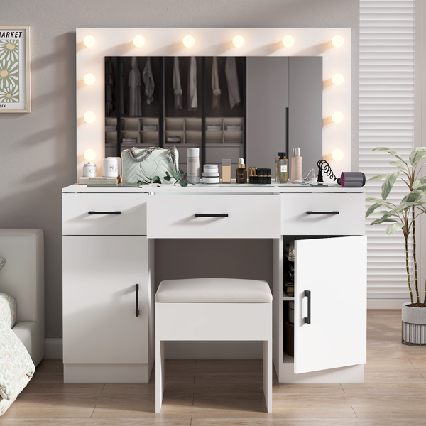 Vanity Desk Set with Large Lighted Mirror and Powre Outlet, Glass Top Makeup Vanity with 3 Drawers and 2 Cabinets, Vanity Table with 12 LED Lights, 3 Lighting Color Adjustable, White