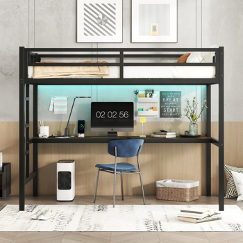 Metal Twin XL Size Loft Bed  with Power Outlet and LED Lighted, Space-Saving, Noise Reduced, Black