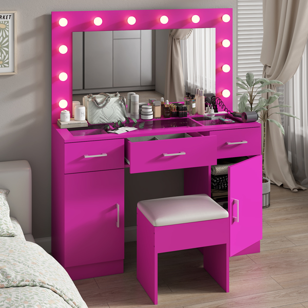 Vanity Desk Set with Large Lighted Mirror and Powre Outlet, Glass Top Makeup Vanity with 3 Drawers and 2 Cabinets, Vanity Table with 12 LED Lights, 3 Lighting Color Adjustable, Pink