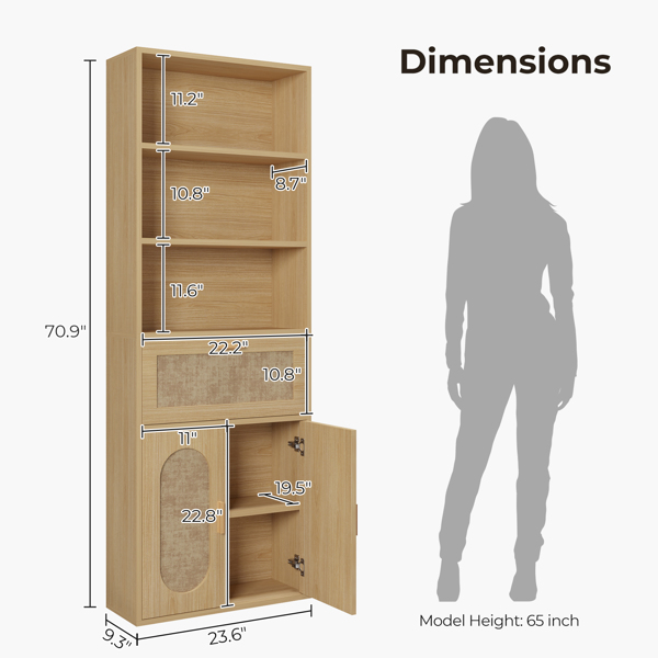 FCH 3-layer 1-drawer with double doors Triamcinol board rattan surface 60*23.5*180cm display cabinet original wood color