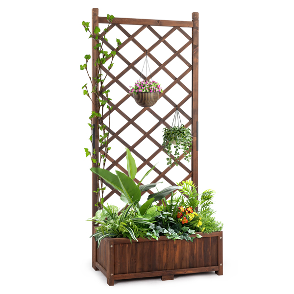 Wood Planter Raised Garden Bed with Trellis, 67 Inch Height Outdoor Garden Flower Standing Planter Box Lattice Panels with Planter for Patio Porch with Drainage Holes, Brown