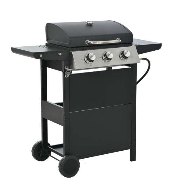 Propane Gas Grill 3 Burner Barbecue Grill, Stainless Steel 26,000 BTU Patio Garden Barbecue Grill with Two Shelves, Lid, Wheels and Bottle Opener