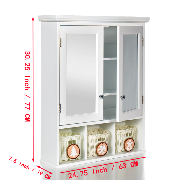 Bathroom Storage Cabinet, Medicine Cabinets for Bathroom with Mirror, 2 Doors 2 Adjustable Shelf + 3 Christmas Style Storage Basket, White Wood Cabinet Wall Mounted for Bathroom Laundry Room Kitchen