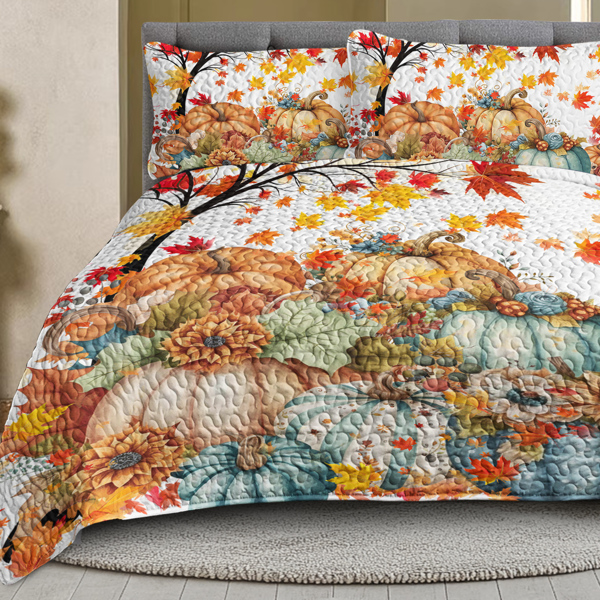 3 Pieces Colorful Oil Painting Pumpkin Pattern Quilt Set Full Size for All Seasons Flower Fall Leaves Bedding Set with 2 Pillowcases for Kids Adults Thanksgiving Day Gifts