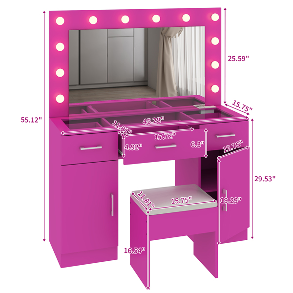 Vanity Desk Set with Large Lighted Mirror and Powre Outlet, Glass Top Makeup Vanity with 3 Drawers and 2 Cabinets, Vanity Table with 12 LED Lights, 3 Lighting Color Adjustable, Pink