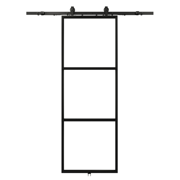 30 in.  x 84 in.     Glass Sliding Barn Door with  5FT Barn Door Hardware Kit & Soft Close Mechanism，Interior Clear Glass Black Steel Frame，Requires Simple DIY Assembly