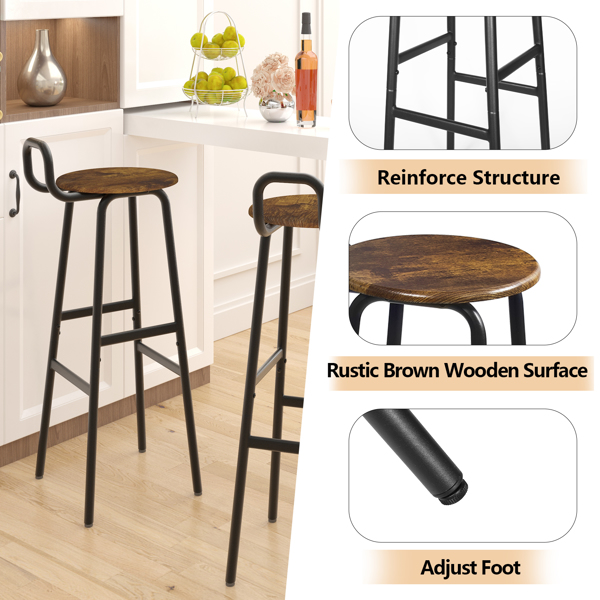 Set of 2 Barstools, Bar Chairs with Backrest and Footrest, Industrial Kitchen Breakfast Stools for Dining Room Kitchen Counter Bar, Rustic Brown, MF-7-A001BW2