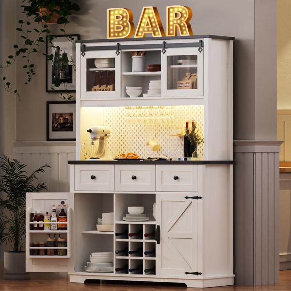 71" Farmhosue Pantry Bar Cabinet with Internal Storage Rack,Kitchen Cabinet with Hutch,Sliding Door,Power Outlet,Pegboard,Wine & Glasses Rack,3 Drawers,Rustic Coffee Bar Storage Cabinet,White Oak