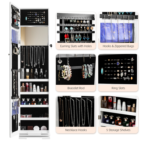 360 Degree Rotation Full-Body Mirror Cabinet PVC Film Moisture-Proof Dressing Mirror Cabinet Super Storage Jewelry Storage Mirror Cabinet White