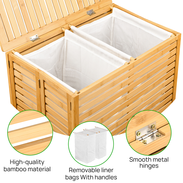 Bamboo Laundry Hamper with Lid – Foldable Clothes Basket with 2-Section Removable Liner Bag, Space-Saving Laundry Sorter for Bathroom, Bedroom, and Laundry Room (Natural, 21.69”L x 13.85”W x 25.39”H)