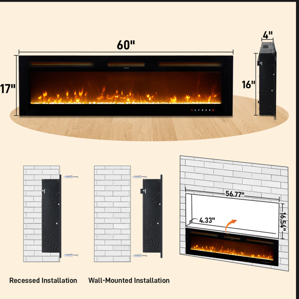 ZOKOP 60" Smart WiFi Electric Fireplace Insert, 1500W Wall Recessed/Mounted, Freestanding Fireplace Heater with Remote Control, 12 Color Adjustable Flames, Thermostat, 8H Timer, 5 Brightness Settings