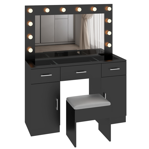 Vanity Desk Set with Large Lighted Mirror and Powre Outlet, Glass Top Makeup Vanity with 3 Drawers and 2 Cabinets, Vanity Table with 12 LED Lights, 3 Lighting Color Adjustable, Black