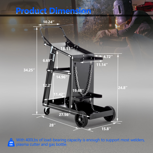 Welding Cart, 3-Tier Welder Cart Heavy Duty with 400Lbs Static Weight Capacity, 360° Swivel Wheels, Tank Storage Safety Chains, Rolling MIG Welder Cart for TIG, ARC, MMA Welding Machine