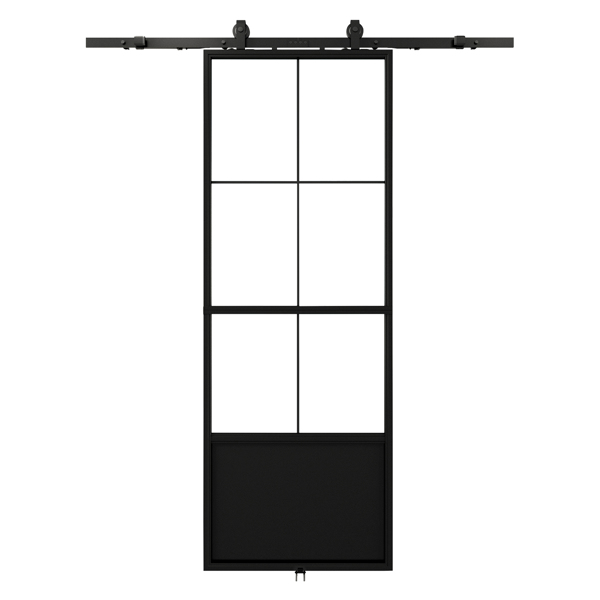 30 in.  x 84 in.     Glass Sliding Barn Door with  5FT Barn Door Hardware Kit & Soft Close Mechanism，Interior Clear Glass Black Steel Frame，Requires Simple DIY Assembly