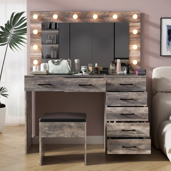 Vanity Desk Set with Large Lighted Mirror and Powre Outlet, Glass Top Makeup Vanity with 7 Drawers, Vanity Table with 12 LED Lights, 3 Lighting Color Adjustable, Grey